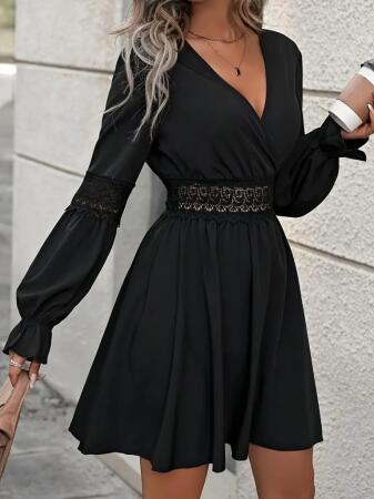 Kadın Uzun Kollu Kruvaze Yakalı Dantelli Fermuar Detaylı Kısa Ithal Krep Elbise - 3