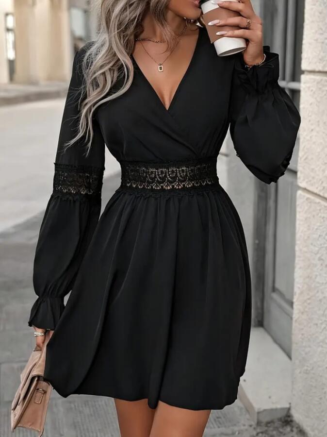 Kadın Uzun Kollu Kruvaze Yakalı Dantelli Fermuar Detaylı Kısa Ithal Krep Elbise - 5