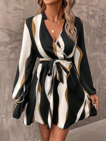 Kadın Uzun Kollu Kruvaze Yakalı Desenli Modal Mini Elbise - ANGELINO BuyukBedeniz