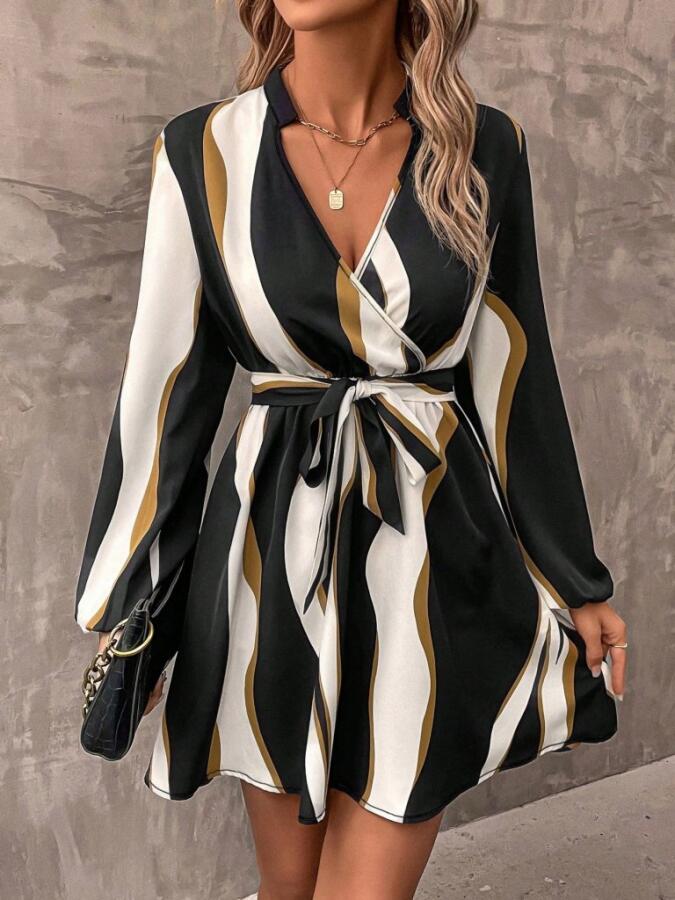 Kadın Uzun Kollu Kruvaze Yakalı Desenli Modal Mini Elbise - 1