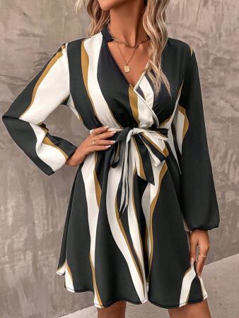 Kadın Uzun Kollu Kruvaze Yakalı Desenli Modal Mini Elbise - ANGELINO BuyukBedeniz (1)