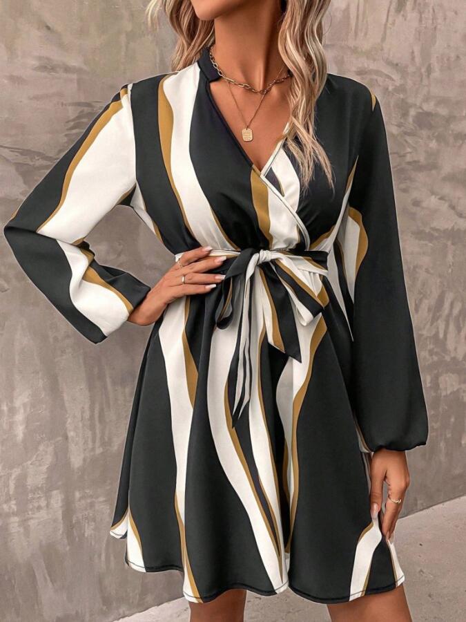 Kadın Uzun Kollu Kruvaze Yakalı Desenli Modal Mini Elbise - 2