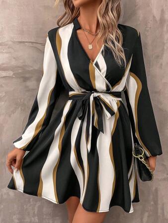 Kadın Uzun Kollu Kruvaze Yakalı Desenli Modal Mini Elbise - 3