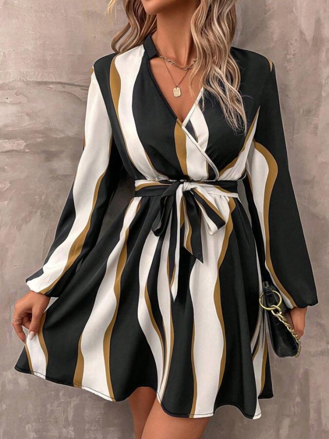 Kadın Uzun Kollu Kruvaze Yakalı Desenli Modal Mini Elbise - 3