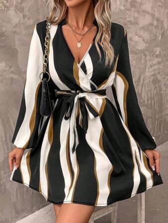 Kadın Uzun Kollu Kruvaze Yakalı Desenli Modal Mini Elbise - 4