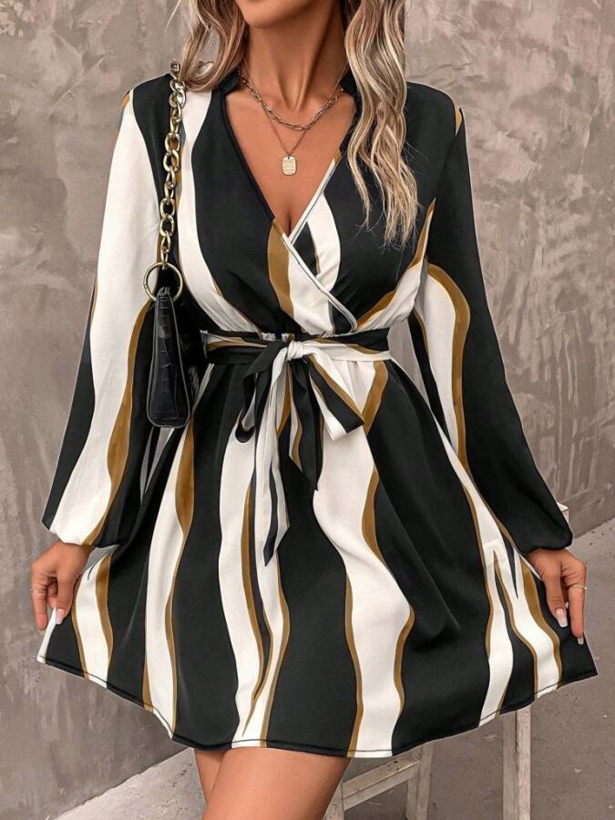 Kadın Uzun Kollu Kruvaze Yakalı Desenli Modal Mini Elbise - 4