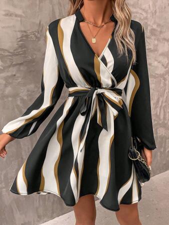 Kadın Uzun Kollu Kruvaze Yakalı Desenli Modal Mini Elbise - 5