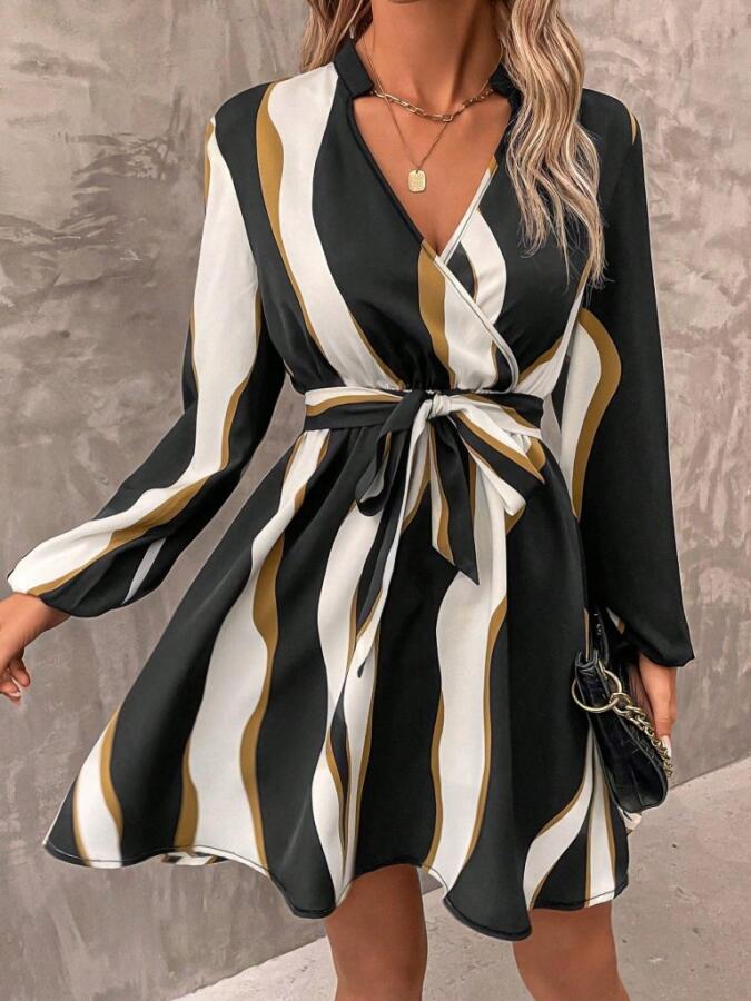 Kadın Uzun Kollu Kruvaze Yakalı Desenli Modal Mini Elbise - 5