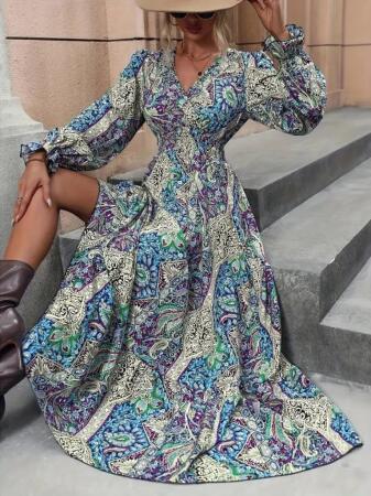 Kadın Uzun Kollu Kruvaze Yakalı Desenli Süprem Maxi Elbise - ANGELINO BuyukBedeniz (1)