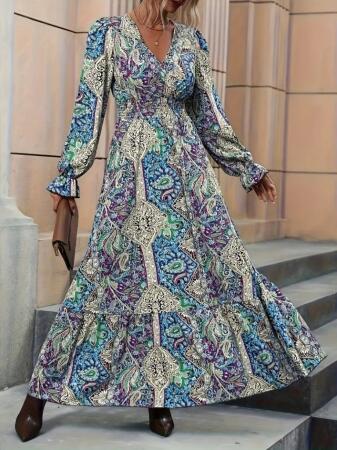 Kadın Uzun Kollu Kruvaze Yakalı Desenli Süprem Maxi Elbise - 4