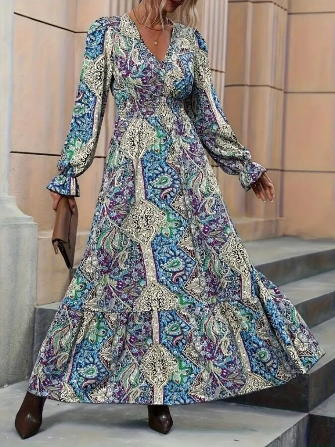 Kadın Uzun Kollu Kruvaze Yakalı Desenli Süprem Maxi Elbise - 4