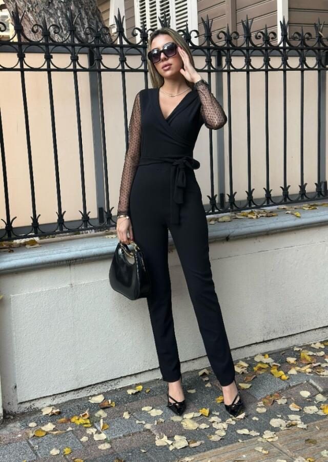 Kadın Uzun Kollu Kruvaze Yakalı Kolları Tül Detay Beli Kuşaklı Ithal Krep Tulum - 8