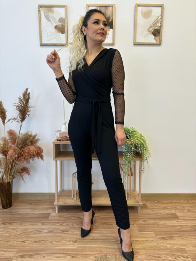 Kadın Uzun Kollu Kruvaze Yakalı Kolları Tül Detay Beli Kuşaklı Ithal Krep Tulum - 14