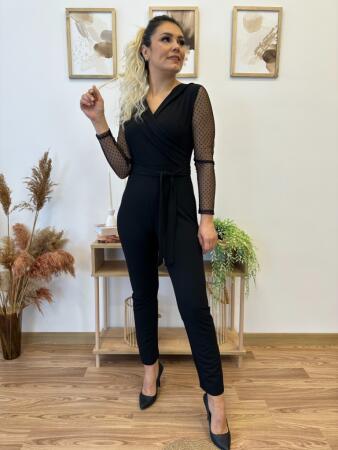 Kadın Uzun Kollu Kruvaze Yakalı Kolları Tül Detay Beli Kuşaklı Ithal Krep Tulum - 14