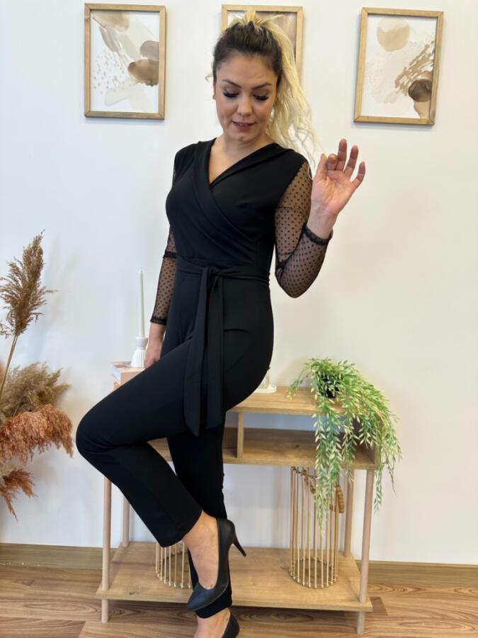 Kadın Uzun Kollu Kruvaze Yakalı Kolları Tül Detay Beli Kuşaklı Ithal Krep Tulum - 16