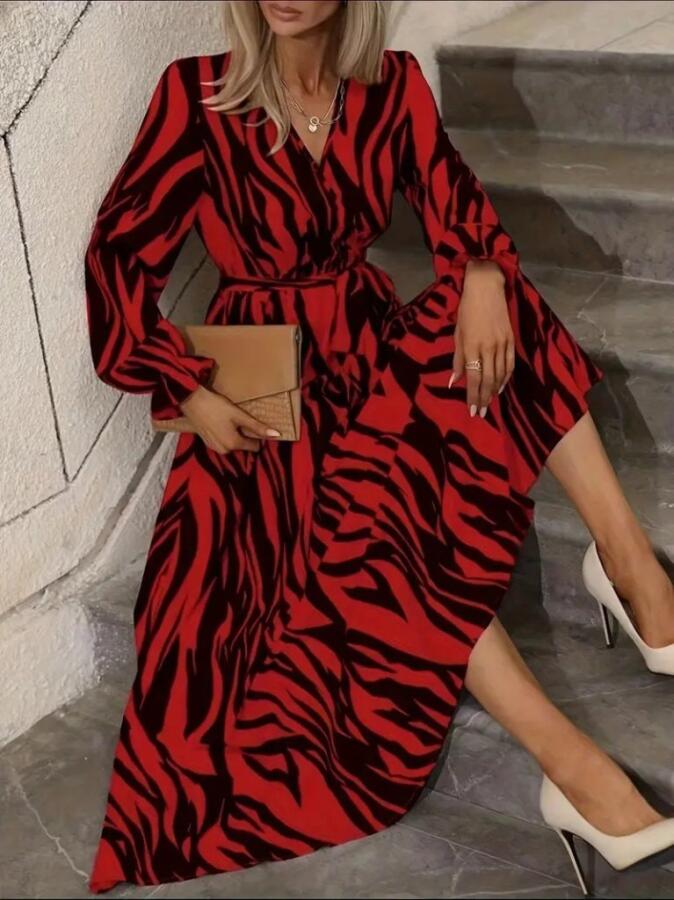 Kadın Uzun Kollu Kruvaze Yakalı Kuşaklı Zebra Desenli Süprem Maxi Elbise - 1