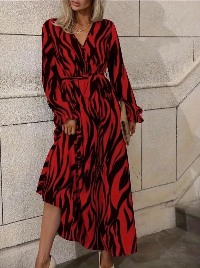 Kadın Uzun Kollu Kruvaze Yakalı Kuşaklı Zebra Desenli Süprem Maxi Elbise - 2