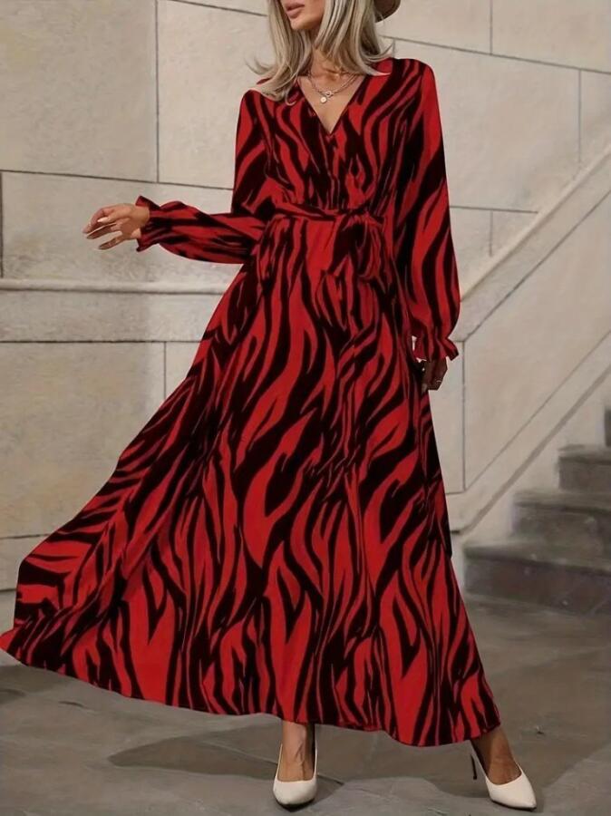 Kadın Uzun Kollu Kruvaze Yakalı Kuşaklı Zebra Desenli Süprem Maxi Elbise - 3