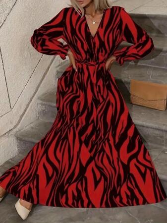 Kadın Uzun Kollu Kruvaze Yakalı Kuşaklı Zebra Desenli Süprem Maxi Elbise - 4