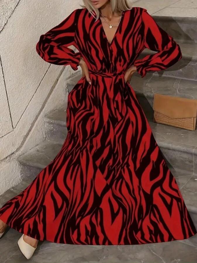 Kadın Uzun Kollu Kruvaze Yakalı Kuşaklı Zebra Desenli Süprem Maxi Elbise - 4