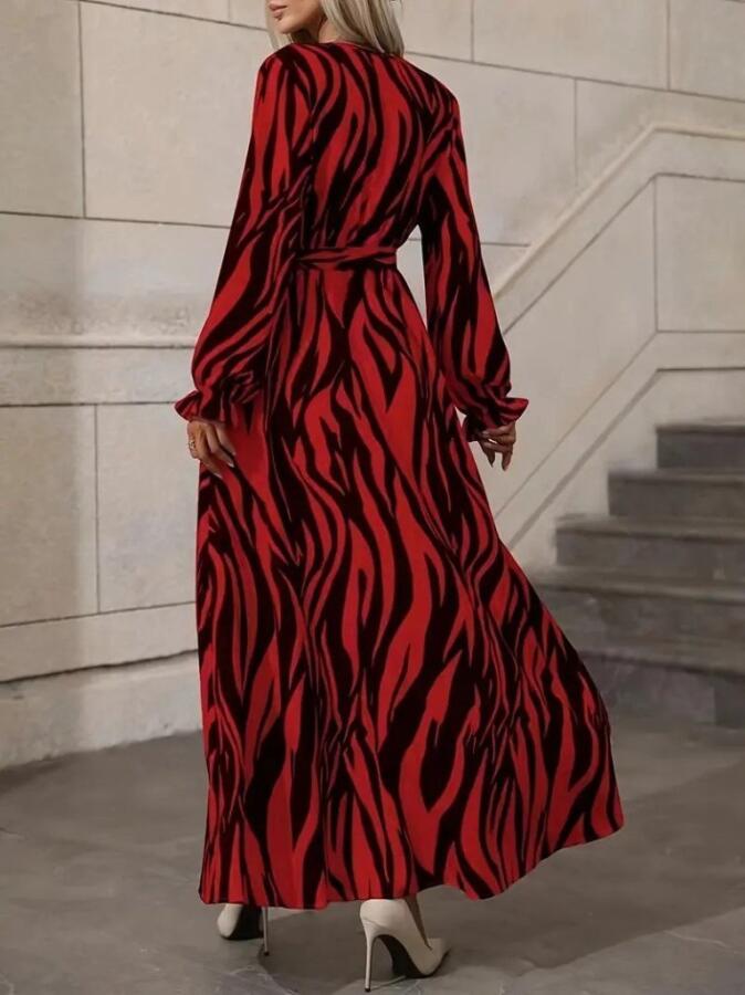 Kadın Uzun Kollu Kruvaze Yakalı Kuşaklı Zebra Desenli Süprem Maxi Elbise - 5