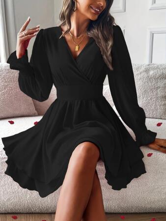 Kadın Uzun Kollu Kruvaze Yakalı Mini Sandy Elbise - ANGELINO BuyukBedeniz