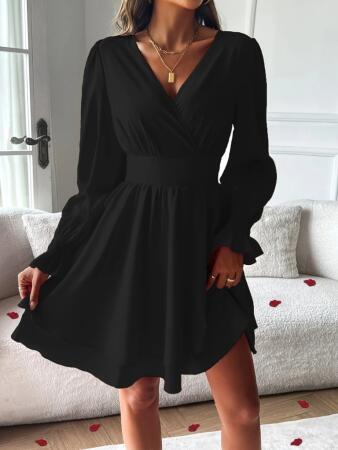 Kadın Uzun Kollu Kruvaze Yakalı Mini Sandy Elbise - ANGELINO BuyukBedeniz (1)