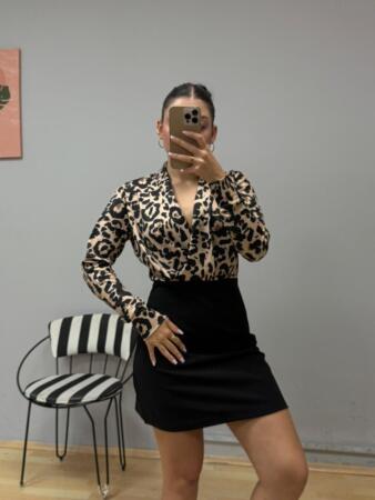 Kadın Uzun Kollu Kruvaze Yakalı üst Dalgıç Alt Ithal Krep Mini Elbise - 3