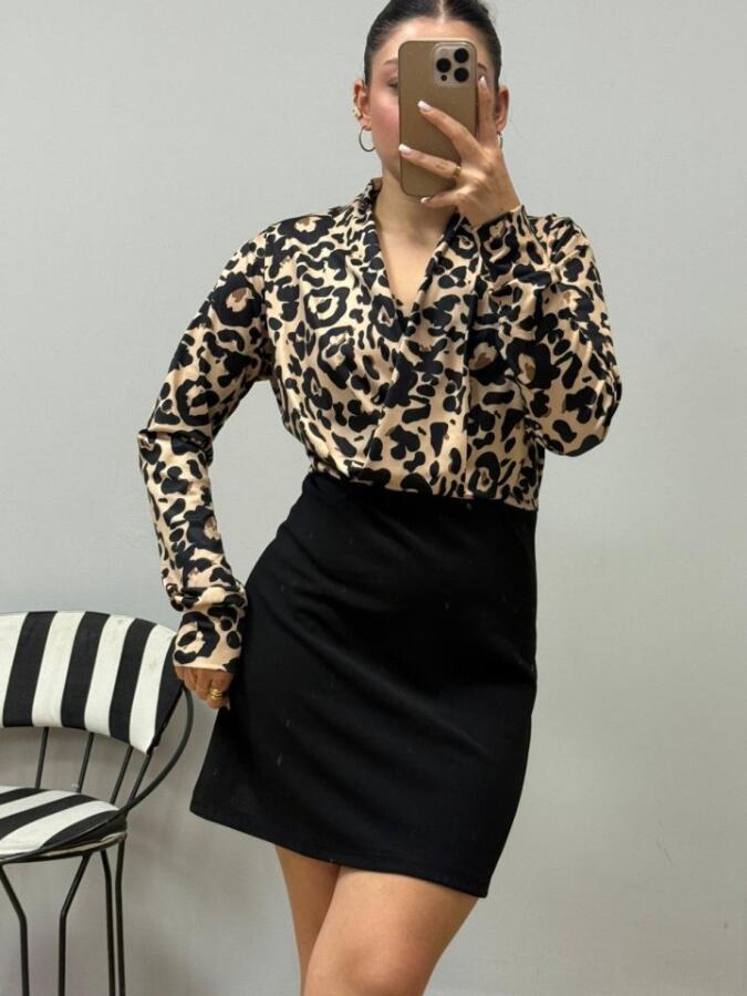 Kadın Uzun Kollu Kruvaze Yakalı üst Dalgıç Alt Ithal Krep Mini Elbise - 4