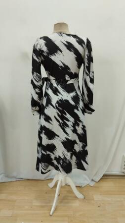 Kadın Uzun Kollu Kruvaze Yakalı Yandan Bağlamalı Desenli Mini Modal Elbise - 10