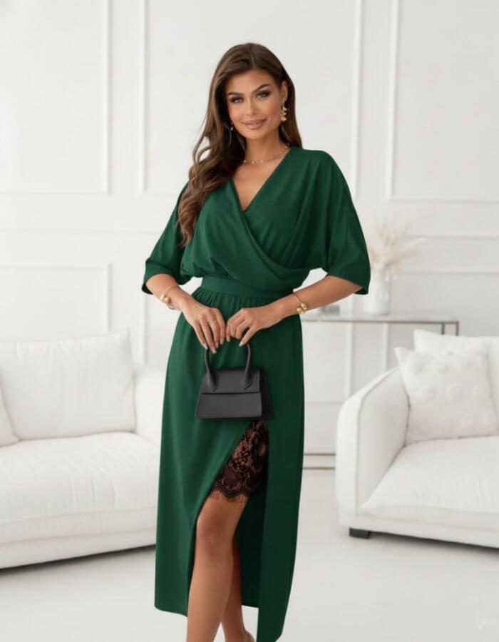 Kadın Uzun Kollu Kruvaze Yakalı Yandan Dantelli Midi Ithal Krep Elbise - 1