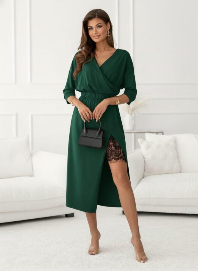 Kadın Uzun Kollu Kruvaze Yakalı Yandan Dantelli Midi Ithal Krep Elbise - 2