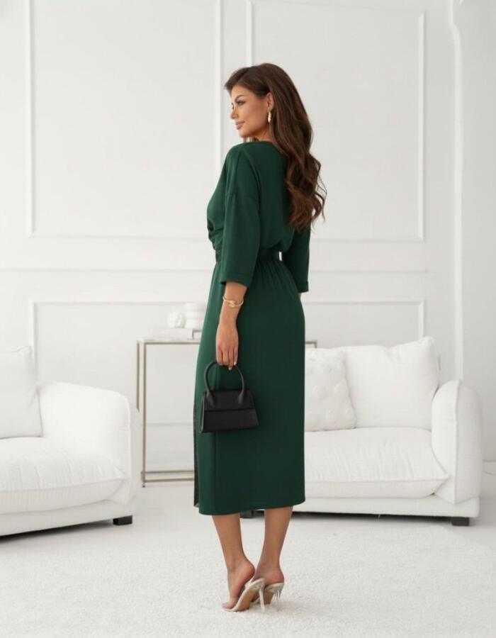 Kadın Uzun Kollu Kruvaze Yakalı Yandan Dantelli Midi Ithal Krep Elbise - 3