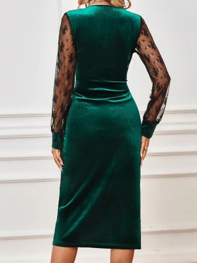 Kadın Uzun Kollu Kruvaze Yakalı Yandan Düğmeli önden çapraz Kesin Detaylı Midi Kadife Elbise - 3