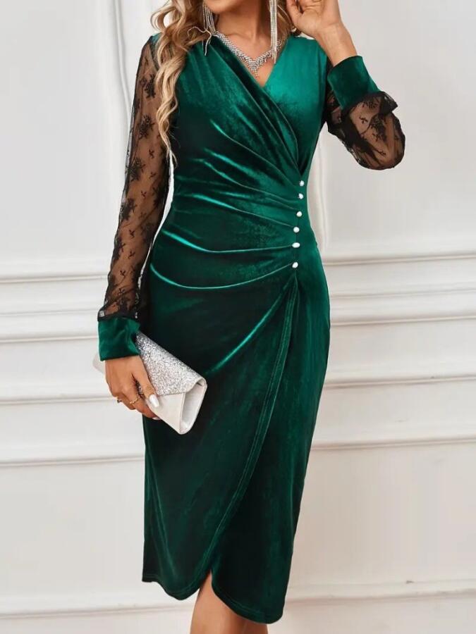 Kadın Uzun Kollu Kruvaze Yakalı Yandan Düğmeli önden çapraz Kesin Detaylı Midi Kadife Elbise - 4