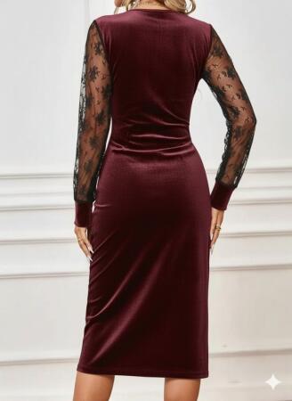 Kadın Uzun Kollu Kruvaze Yakalı Yandan Düğmeli önden çapraz Kesin Detaylı Midi Kadife Elbise - 3