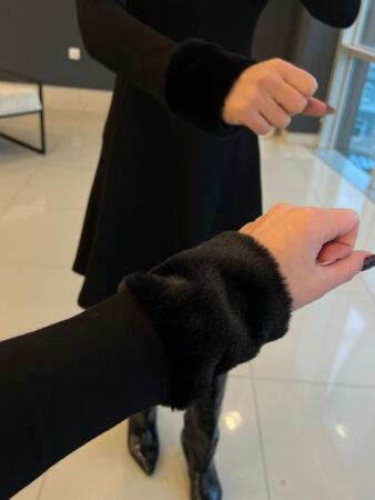 Kadın Uzun Kollu Kürk Yakalı Fermuarlı Kısa Viskon Iki Iplik Elbise - 4