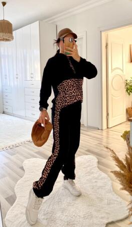 Kadın Uzun Kollu Leopar Detay Sweat Ve Yanı Leopar şerit Detay Pantolon Ikili Takım - ANGELINO BuyukBedeniz