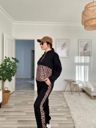 Kadın Uzun Kollu Leopar Detay Sweat Ve Yanı Leopar şerit Detay Pantolon Ikili Takım - ANGELINO BuyukBedeniz (1)