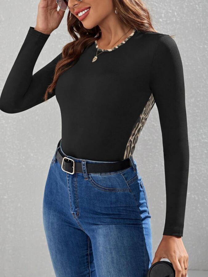 Kadın Uzun Kollu Leopar şeritli Viskon Bluz - 9