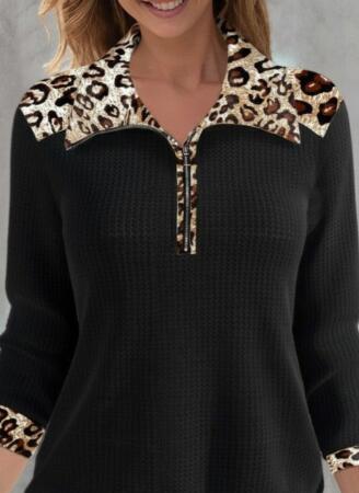 Kadın Uzun Kollu Leopar Yakalı Fermuarlı Waffle Bluz - 2