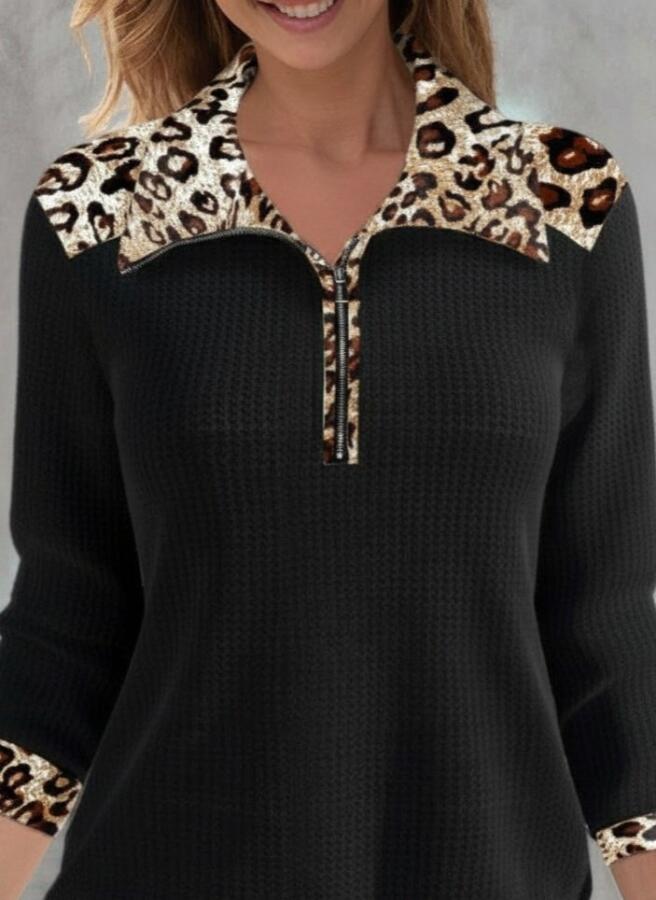 Kadın Uzun Kollu Leopar Yakalı Fermuarlı Waffle Bluz - 2