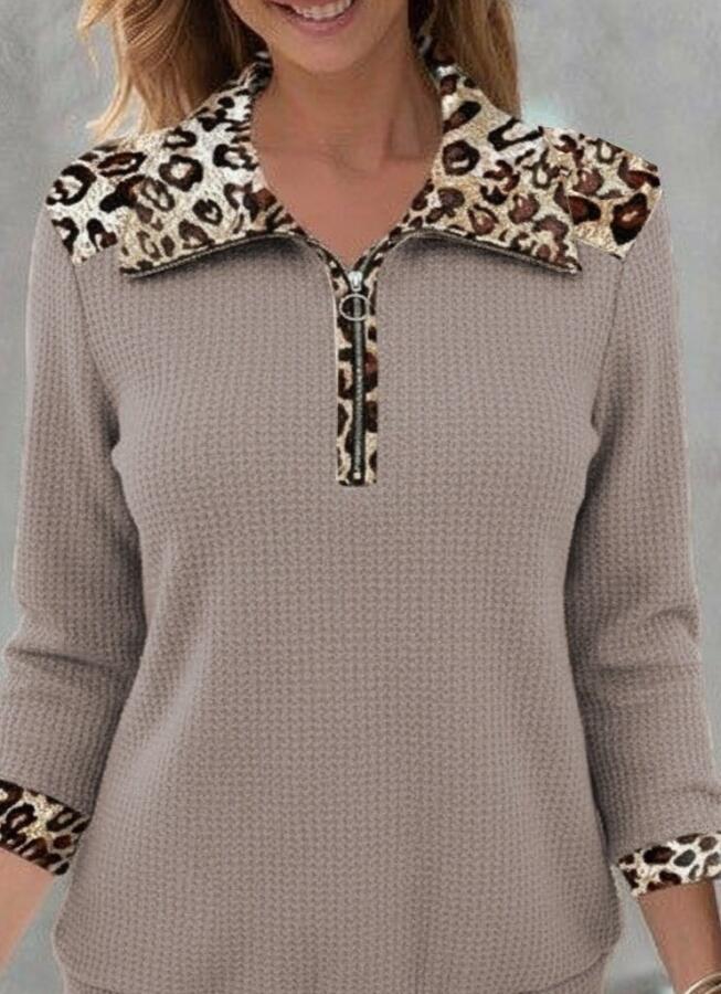 Kadın Uzun Kollu Leopar Yakalı Fermuarlı Waffle Bluz - 2
