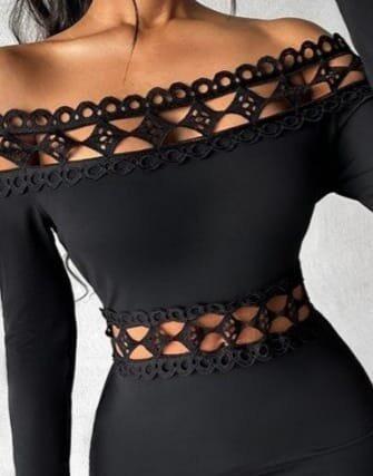 Kadın Uzun Kollu Madonna Dantel Yaka Yırtmaçlı Midi Dalgıç Elbise - ANGELINO BuyukBedeniz (1)