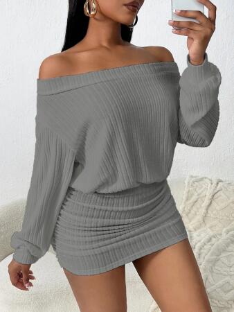 Kadın Uzun Kollu Madonna Yaka Yanlardan Büzgülü şardonlu Kaşkorse Mini Elbise - ANGELINO BuyukBedeniz