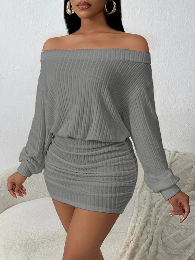 Kadın Uzun Kollu Madonna Yaka Yanlardan Büzgülü şardonlu Kaşkorse Mini Elbise - 3