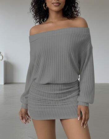 Kadın Uzun Kollu Madonna Yaka Yanlardan Büzgülü şardonlu Kaşkorse Mini Elbise - ANGELINO BuyukBedeniz