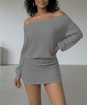 Kadın Uzun Kollu Madonna Yaka Yanlardan Büzgülü şardonlu Kaşkorse Mini Elbise - ANGELINO BuyukBedeniz (1)