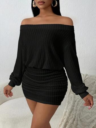 Kadın Uzun Kollu Madonna Yaka Yanlardan Büzgülü şardonlu Kaşkorse Mini Elbise - 5