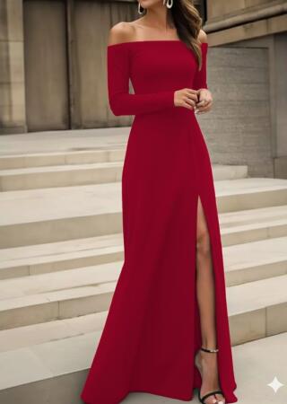 Kadın Uzun Kollu Madonna Yakalı Yırtmaç Detaylı Uzun Ithal Krep Elbise - ANGELINO BuyukBedeniz